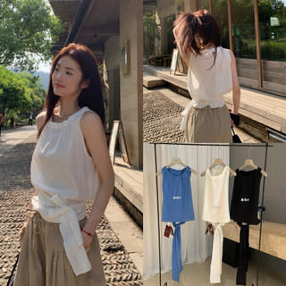𝐏𝐡𝐢𝐞𝐧 𝐖𝐆𝐖𝐄 | (Sẵn Đen) w8796 Áo Sát Nách Cổ Tròn Buộc Nơ Eo 3 Màu trơn