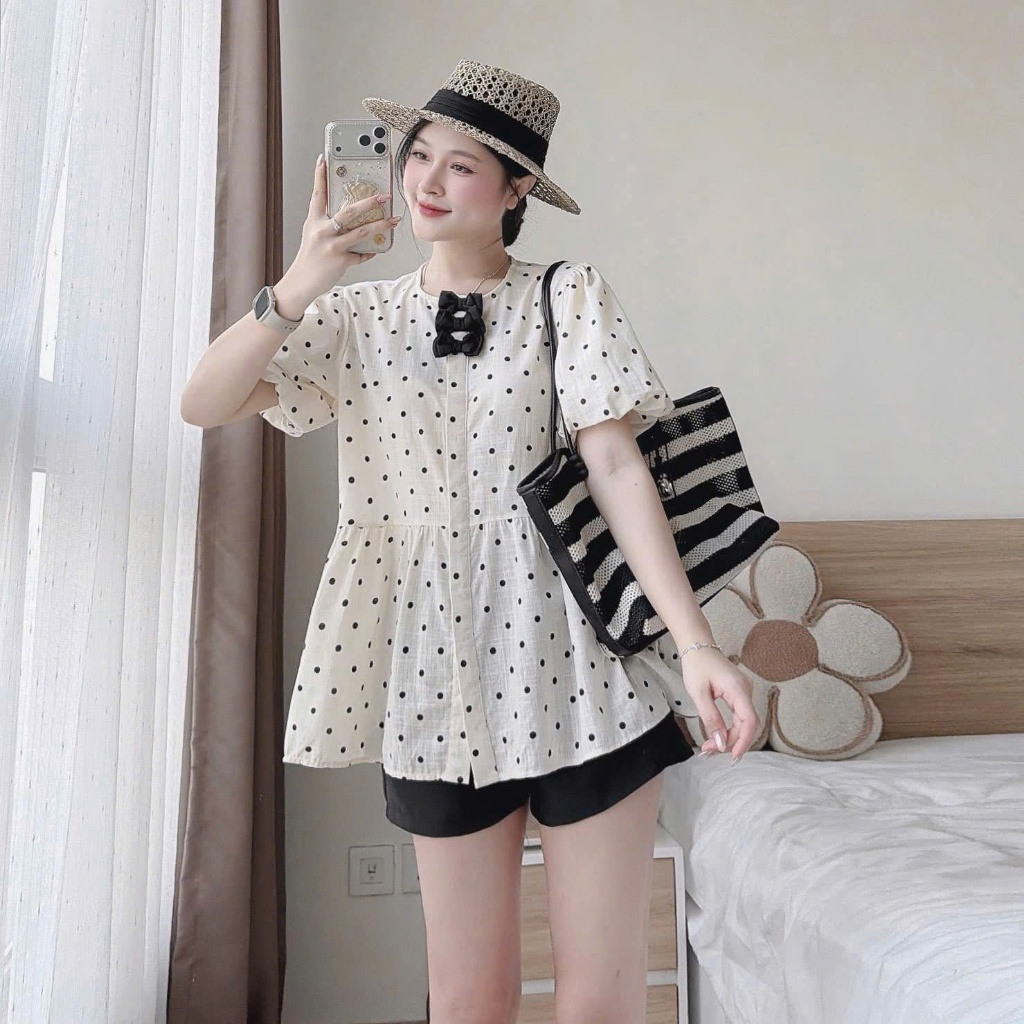 Áo Babydoll Chấm Bi Nơ Ngực – Áo Xòe Tiểu Thư Phối Quần Short Siêu Xinh