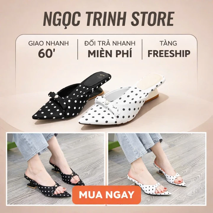 Guốc nữ mũi nhọn chấm bị nơ ngọc , guốc cao cấp nữ xinh đi chơi đi làm_NGOC TRINH STORE _MA 056_L2A.