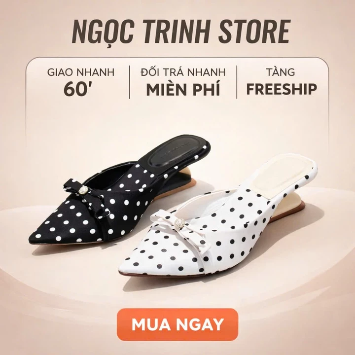 Guốc nữ mũi nhọn chấm bị nơ ngọc , guốc cao cấp nữ xinh đi chơi đi làm_NGOC TRINH STORE _MA 056_L2A.