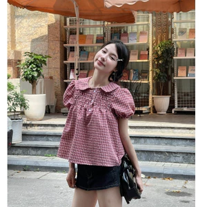 7. [BST HÈ 2026 - CHIOCO] Áo Babydoll Kẻ Caro Cổ Sen Dễ Thương, Áo kiểu kẻ caro dễ thương – A595