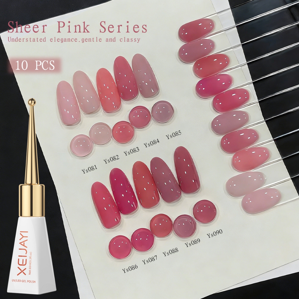 XEIJAYI 10ml - Sơn móng tay dạng gel màu hồng nude và hồng đào, độ bão hòa thấp, thích hợp sử dụng hàng ngày.