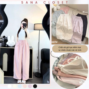Quần Dài Nữ Suông Ống Rộng Chất Vải Gió Lụa Nhật Siêu Đẹp, Eo Cao Cạp Chun Có Dây Rút Điều Chỉnh Basic 8817 Xuân Hè SANA