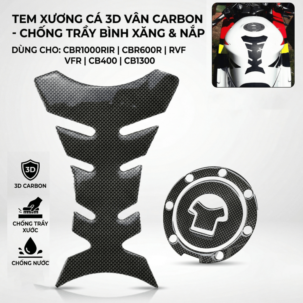 Tem xương cá, tem dán chống trầy nắp, bình xăng 3D vân carbon, dùng cho xe máy CBR RVF VFR CB400 CB1300 CBR1000RR
