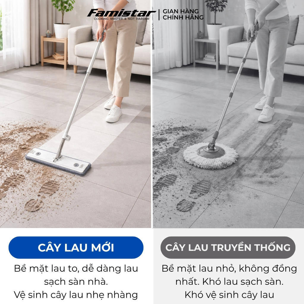 Cây lau nhà tự vắt khô 80% FAMISTAR, xoay 360 độ bản lau 45cm có đầu gạt nước tặng kèm 2 bông lau