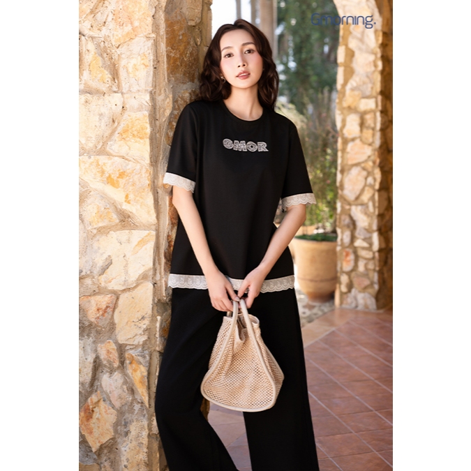 Áo Thun Nữ Form Rộng GMORNING Cổ Tròn Tay Lửng Thêu Phối Ren Cách Điệu Trẻ Trung YATG04047