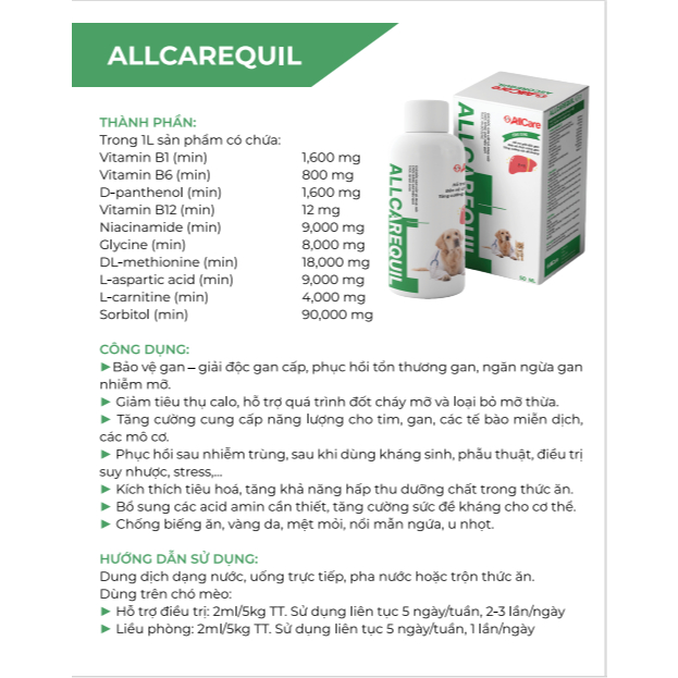 Siro Giải Độc Gan Allcarequil 50ml Cho Chó Mèo – Hỗ Trợ Phục Hồi & Tăng Cường Chức Năng Gan Pet