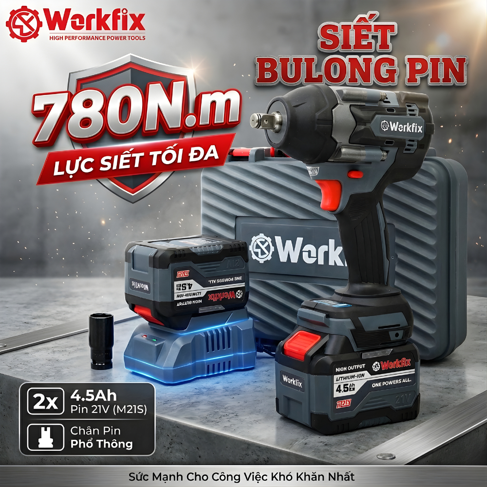 Máy Siết bulong WORKFIX WF-IW780NV, Lực búa 780Nm - Máy bắn ốc chân pin phổ thông - Lõi đồng 100%
