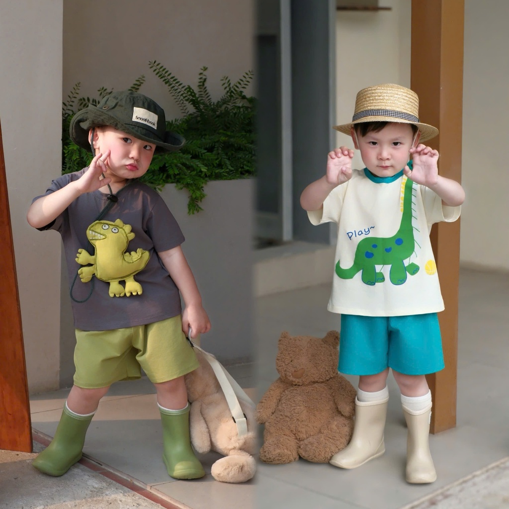 (VNTK)Bộ quần áo cộc tay họa tiết hình thú 3D, chất cotton mềm mại ,thoáng mát cho bé  đi học đi chơi size 9-23kg