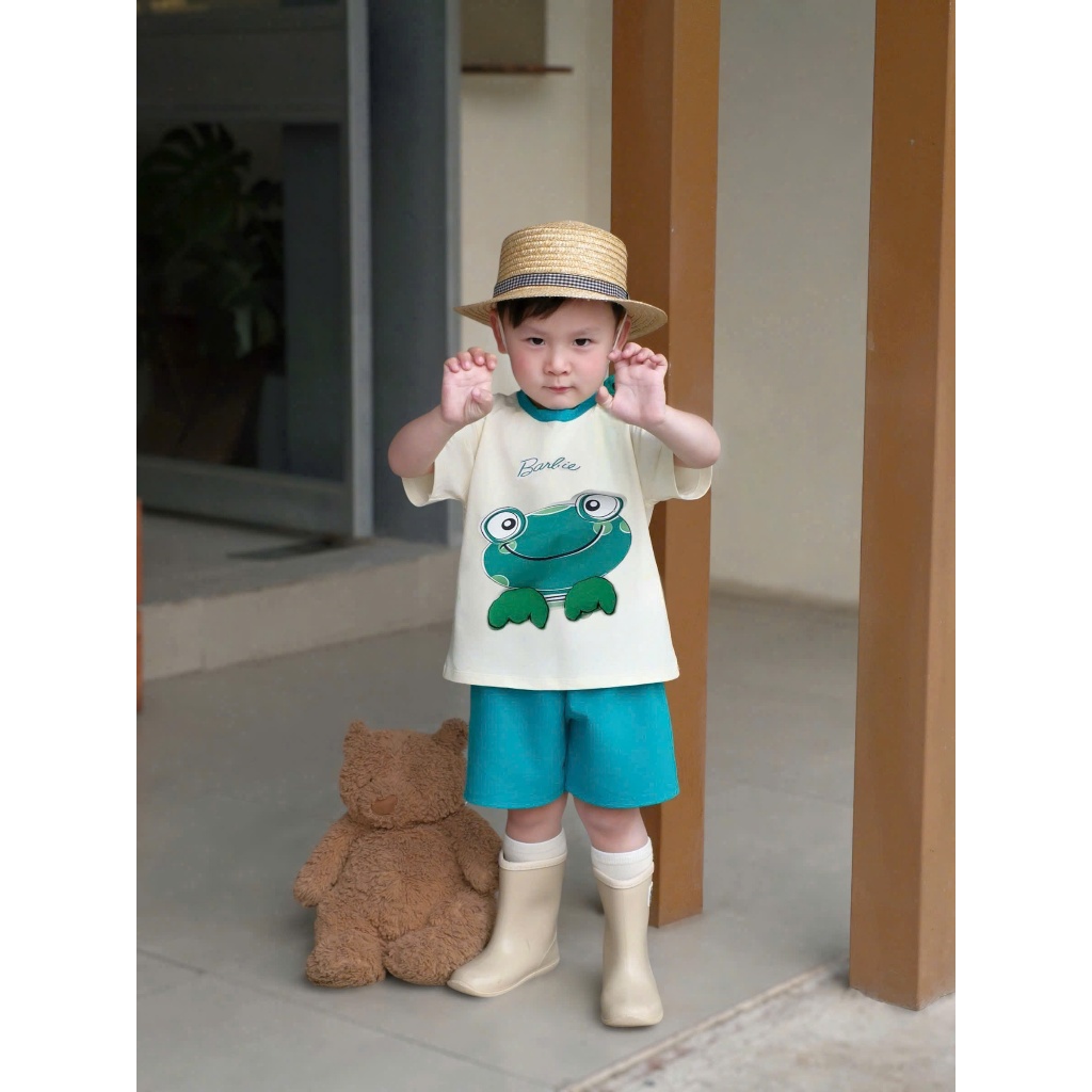(VNTK)Bộ quần áo cộc tay họa tiết hình thú 3D, chất cotton mềm mại ,thoáng mát cho bé  đi học đi chơi size 9-23kg
