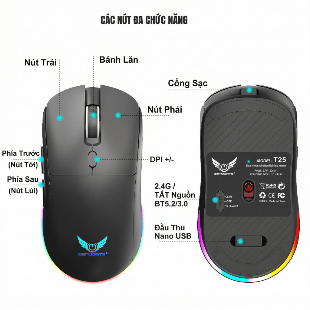 Chuột không dây 2.4G + Bluetooth song chế độ, pin sạc, chống ồn yên tĩnh, đèn LED nhiều màu cho laptop MacBook PC
