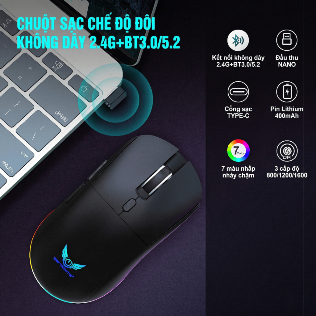 Chuột không dây 2.4G + Bluetooth song chế độ, pin sạc, chống ồn yên tĩnh, đèn LED nhiều màu cho laptop MacBook PC