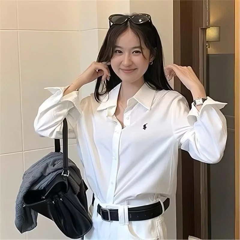 [Peinn] Áo sơ mi from rộng tay dài nữ thêu ngựa vải cotton lụa