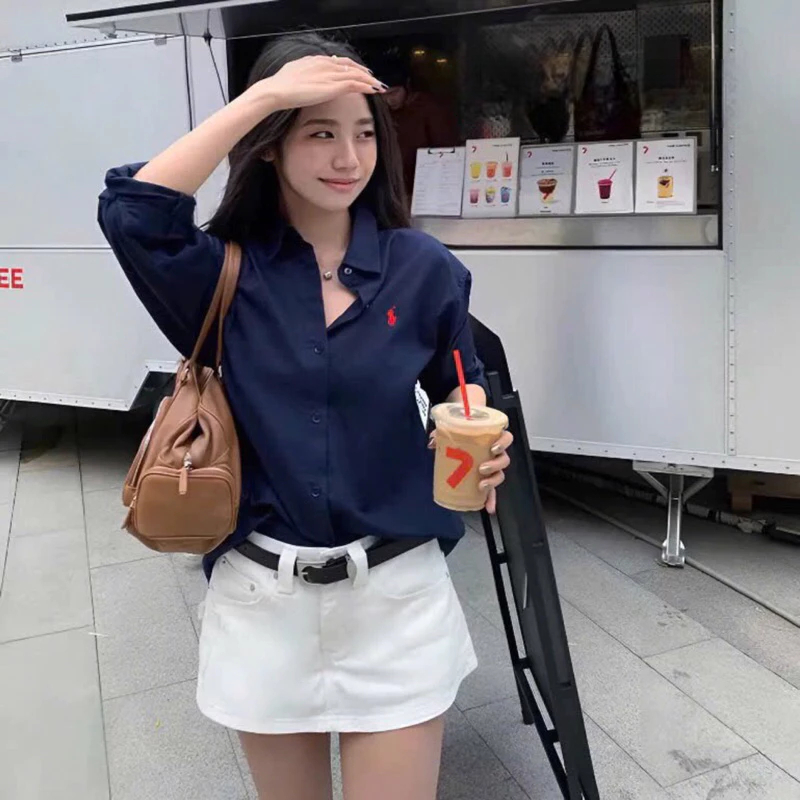 [Peinn] Áo sơ mi from rộng tay dài nữ thêu ngựa vải cotton lụa