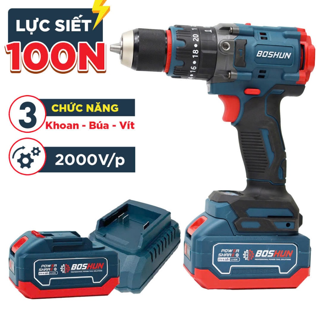 [ MỚI-Tặng Thước Dây] Máy Khoan Pin Boshun BS-ID100BL – Động Cơ Lõi Đồng, 3 Chức Năng, Pin 21V Dung Lượng Cao