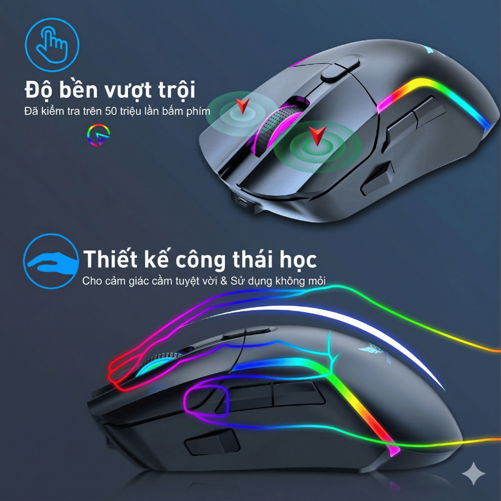 Chuột Silent Gaming Không dây Bluetooth - 3 MODE - Pin sạc 500mah - Sử dụng liên tục 50h - Có app Marco