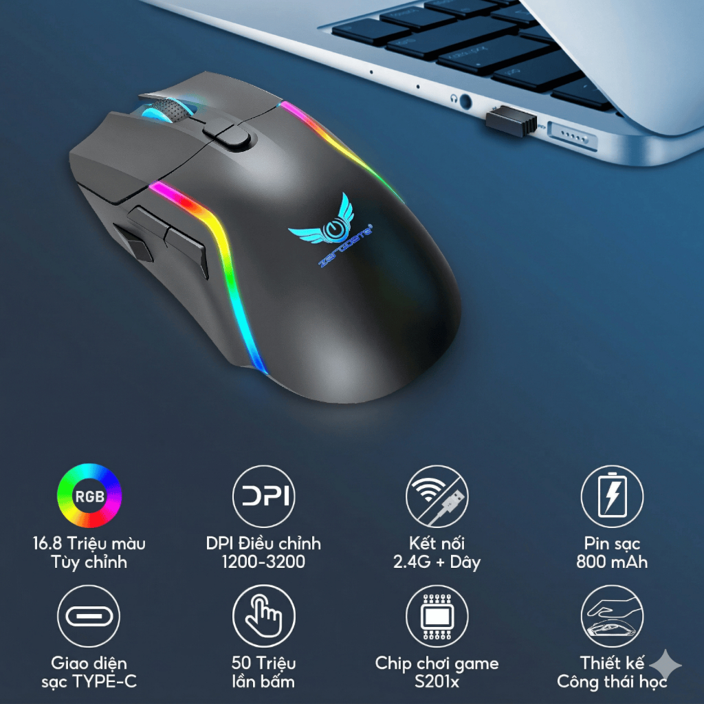 Chuột Silent Gaming Không dây Bluetooth - 3 MODE - Pin sạc 500mah - Sử dụng liên tục 50h - Có app Marco