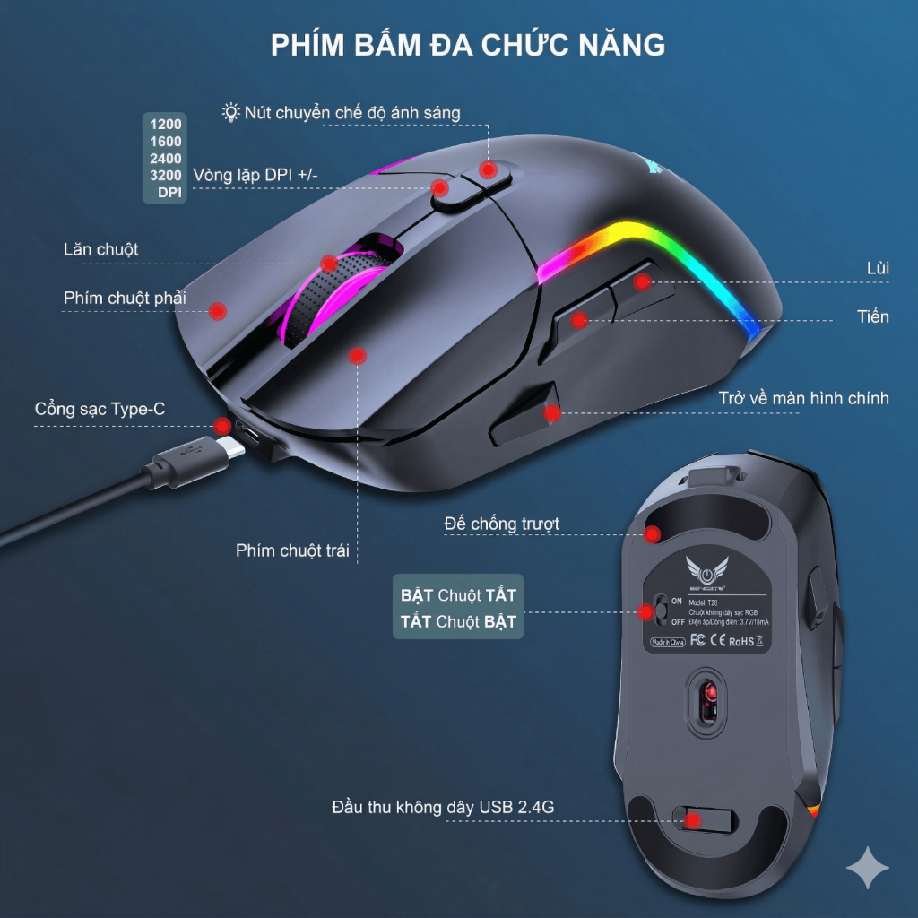 Chuột Silent Gaming Không dây Bluetooth - 3 MODE - Pin sạc 500mah - Sử dụng liên tục 50h - Có app Marco