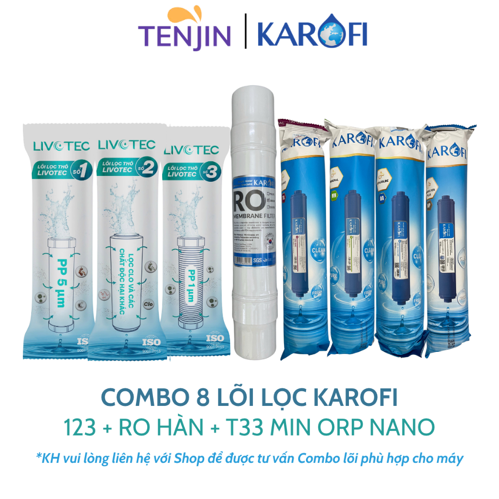 Combo 8 Lõi Lọc Karofi Sử Dụng 123 Livotec, Màng RO 100GPD Membrane Hàn, 4 Lõi Chức Năng T33 Mineral Alkaline Nano