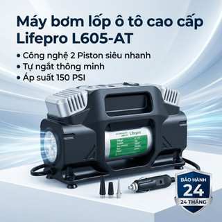 Máy bơm lốp ôtô Lifepro L605-AT bơm nhanh, khoẻ, màn hình điện tử, chế độ tự ngắt - BH 2 năm đổi mới | Phụ kiện ô tô ADG