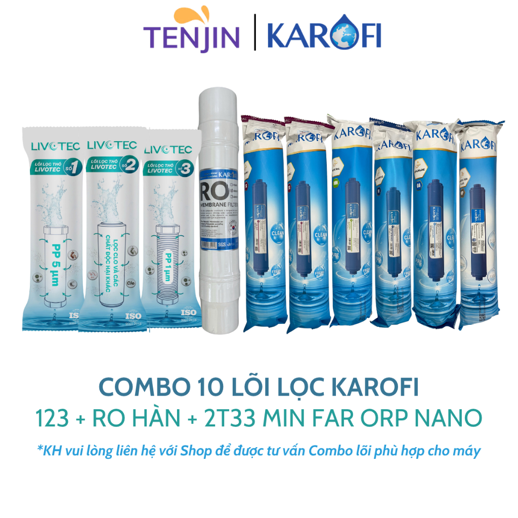 Combo 10 Lõi Lọc Nước Karofi Gồm Lõi 123 Livotec, RO Hàn 100GPD, Lõi Chức Năng T33 Min Far Nano ORP Hydro