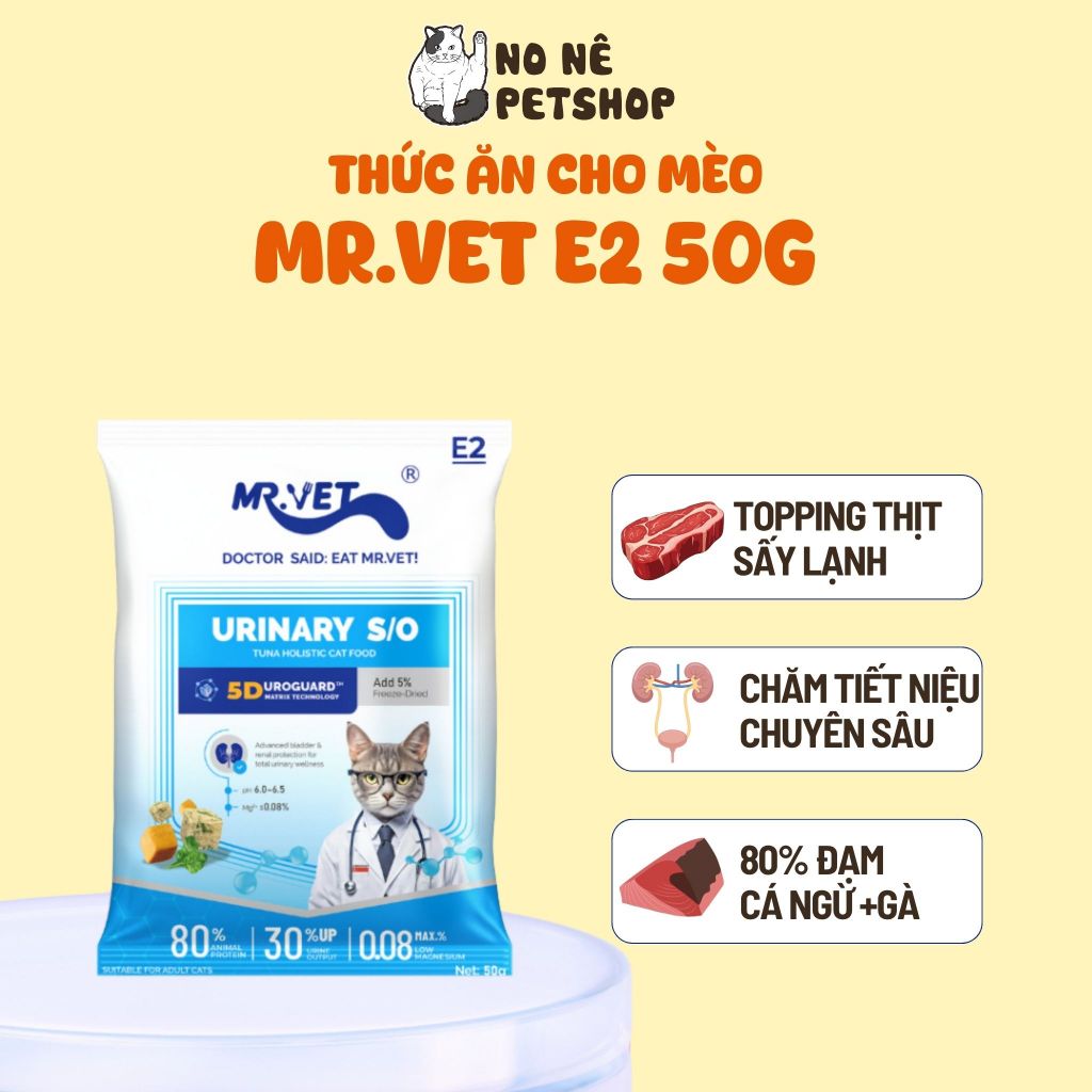 Hạt Cho Mèo MRVET E2 Gói Dùng Thử 50G Chăm Sóc Tiết Niệu Đa Chiều, 80% Đạm Từ Cá Ngừ & Gà
