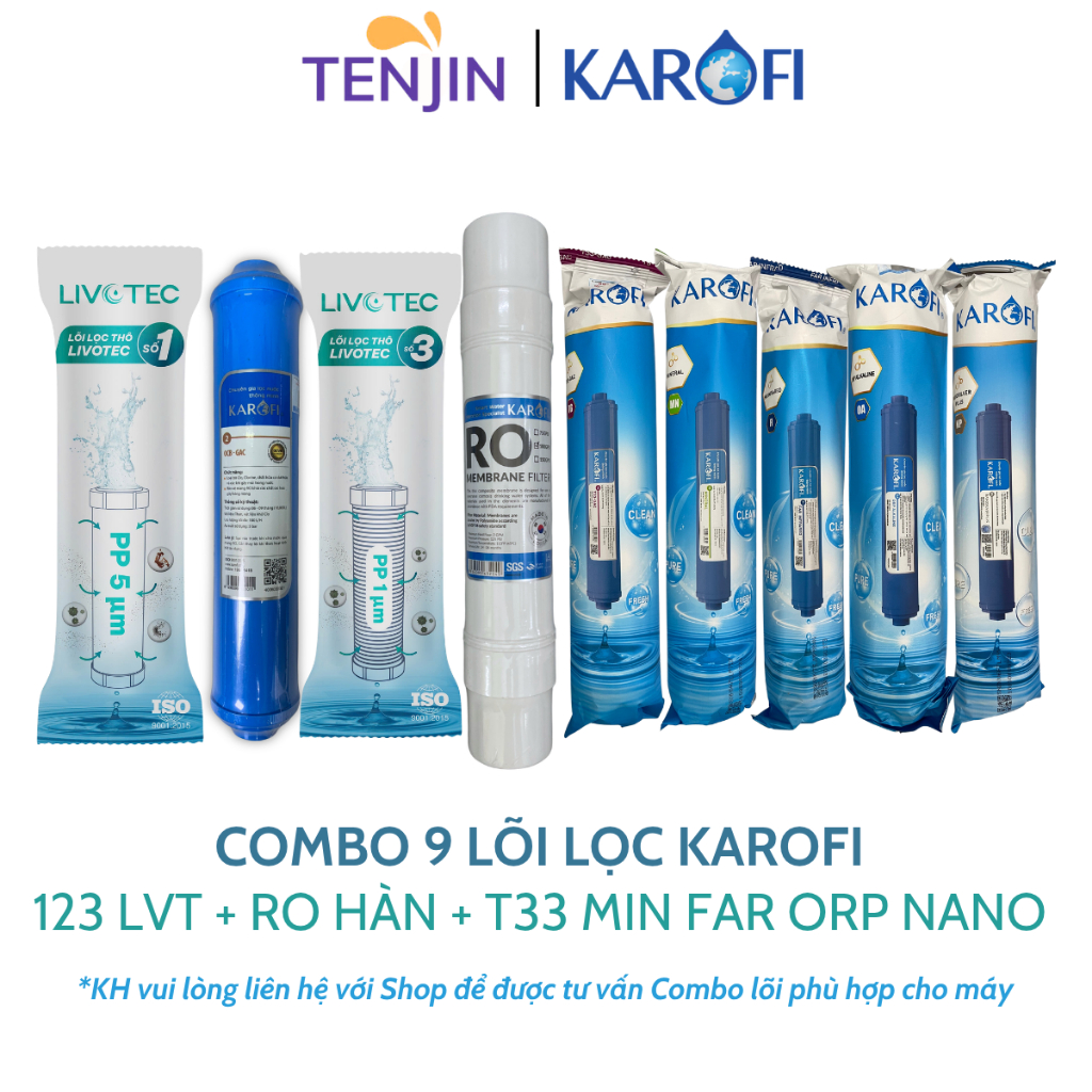 Combo 9 Lõi Lọc Nước Karofi Gồm Lõi 123 Livotec (Lõi 2 Nhỏ), Màng RO Hàn 100GPD, Lõi Chức Năng T33 Mineral Far ORP Nano