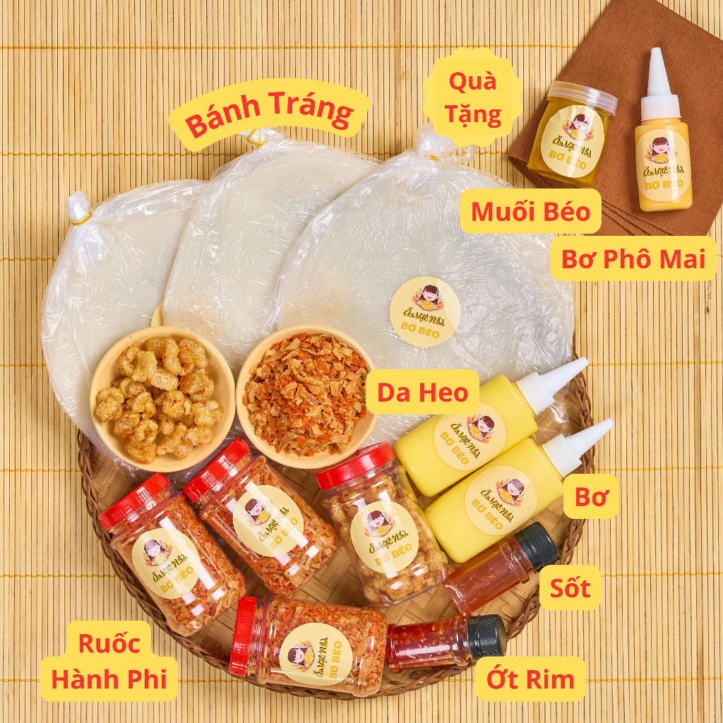 COMBO ĐẦY ĐỦ -Bánh tráng phơi sương + da heo + tép hành phi + bơ béo + sốt tắc, ớt rim