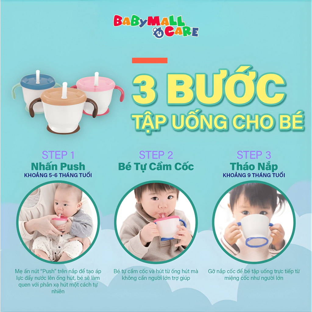 Cốc Tập Uống 3 Giai Đoạn 150ml Hãng Richell Cho Bé, Có Ống Hút Silicone Nút Nhấn |  Babymall & Care