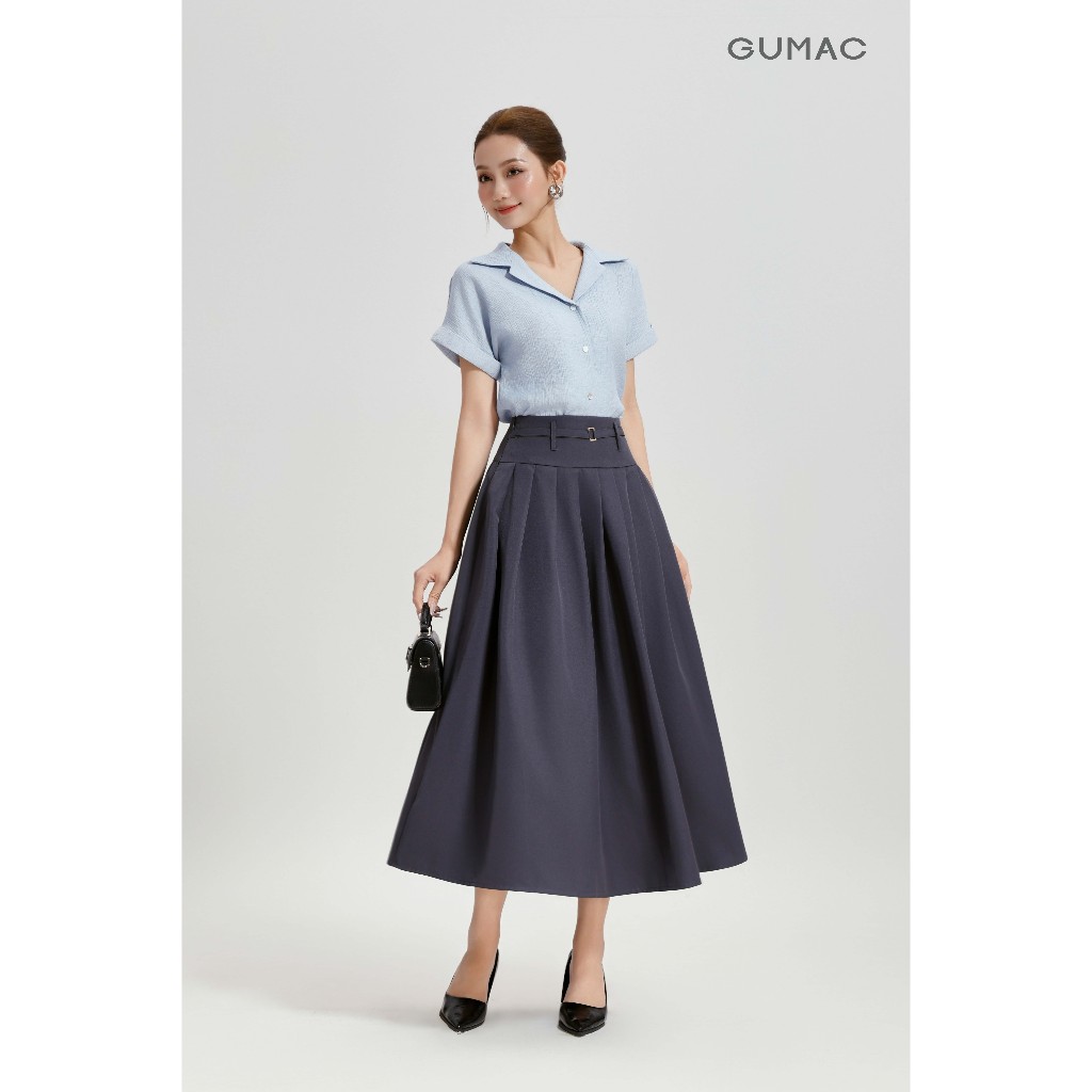 Chân váy nữ GUMAC dáng A xoè bản lưng to 10cm tùng xếp ly dây khoá kéo bên sườn VG04019