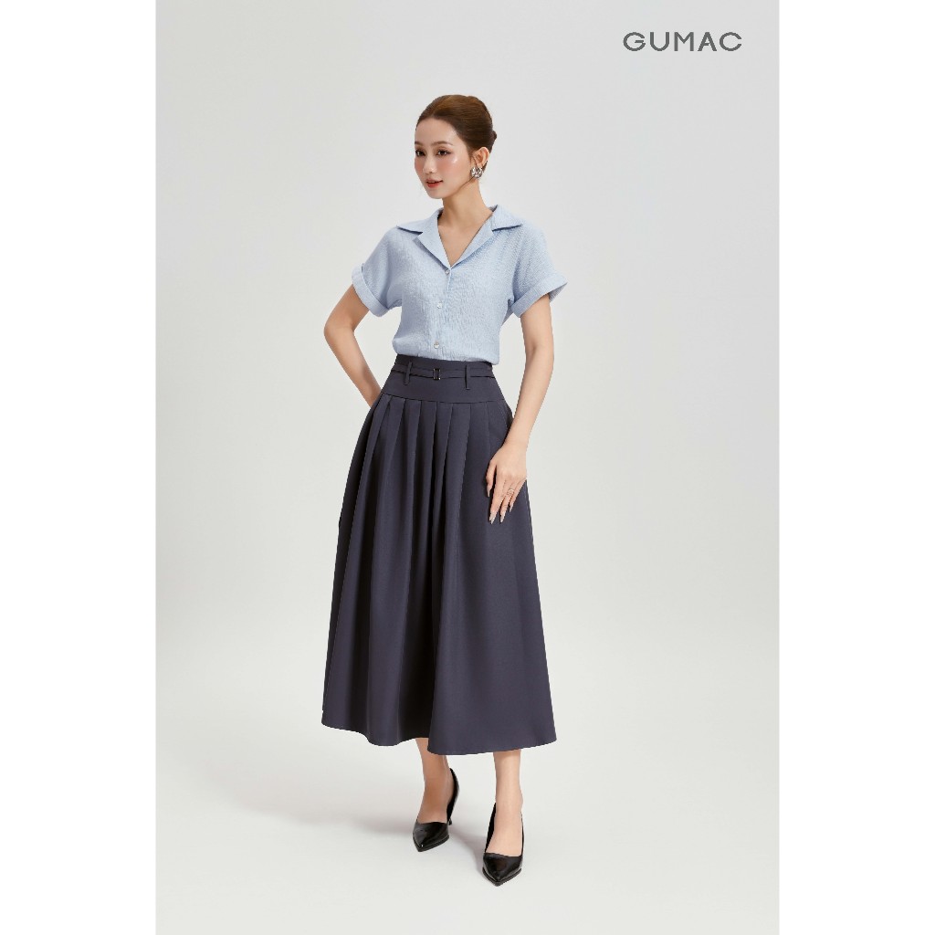 Chân váy nữ GUMAC dáng A xoè bản lưng to 10cm tùng xếp ly dây khoá kéo bên sườn VG04019