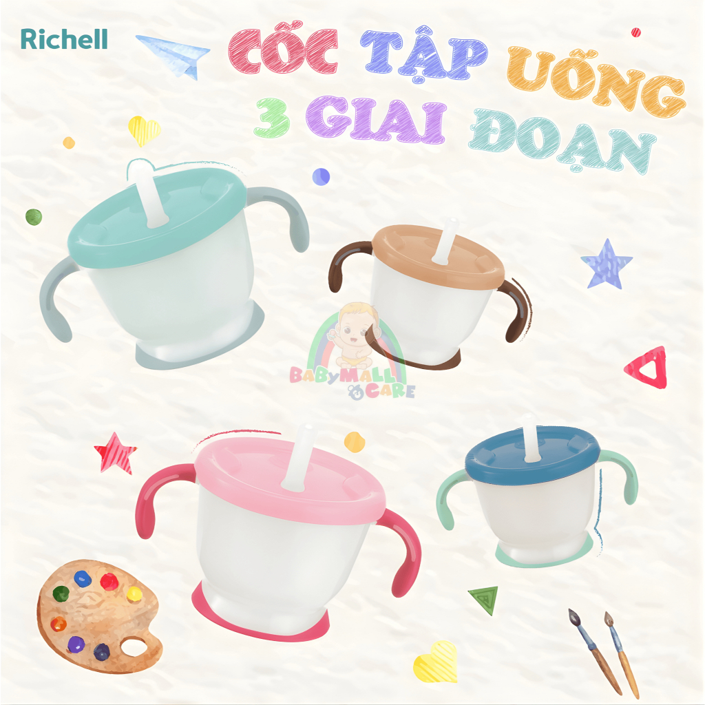 Cốc Tập Uống 3 Giai Đoạn 150ml Hãng Richell Cho Bé, Có Ống Hút Silicone Nút Nhấn |  Babymall & Care