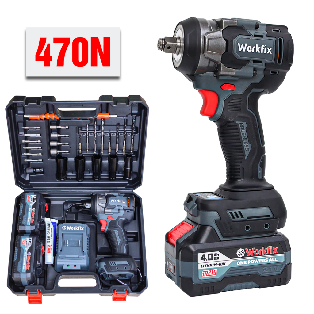 Máy Siết Bulong WORKFIX WF-IW470BL - Động cơ không chổi than - Lực Siết 470Nm - chân phổ thông