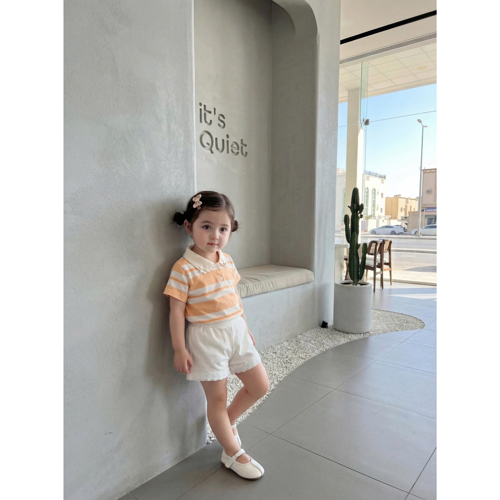 Set bộ cộc tay bé gái tay bồng Miniumbaby cổ cúc đính nơ mix quần linen, chất áo cotton mềm SB2668