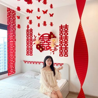 Set Trang Trí Phòng Cưới Bằng Vải Dạ Và Hoa Giấy Cát Tường Song Hỷ Lâm Môn Đủ Đồ Dễ Trang Trí Tặng Keo Dán Chống Bong