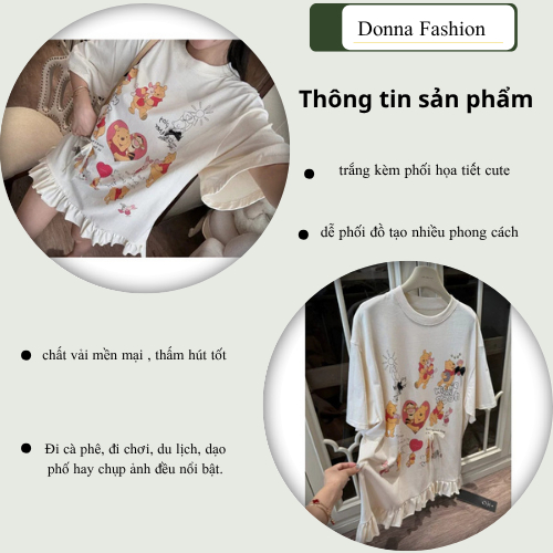 Váy nữ, đầm nữ DONNA HCOM26119 cổ tròn dáng suông viền bèo in hình gấu dễ thương