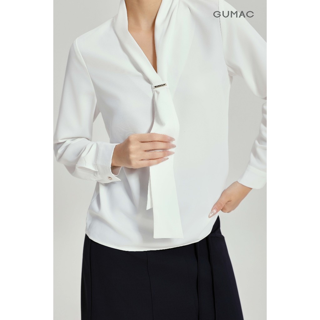 Áo Kiểu Nữ Tay Dài GUMAC Form Suông Cổ V Kèm Dây Nơ Có Tag Logo Trang Trí Chất Lụa Xẹc Mềm Thoải Mái AG04063