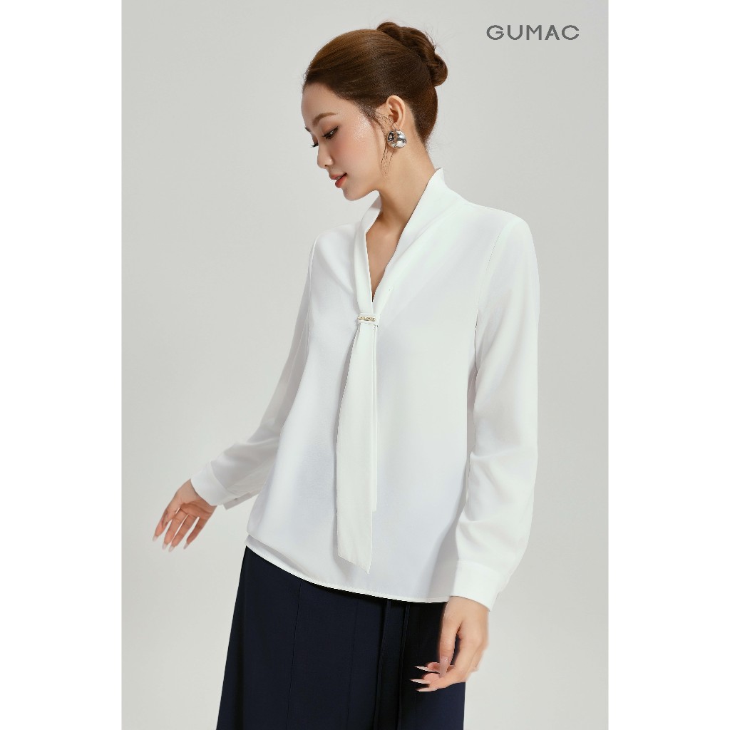 Áo Kiểu Nữ Tay Dài GUMAC Form Suông Cổ V Kèm Dây Nơ Có Tag Logo Trang Trí Chất Lụa Xẹc Mềm Thoải Mái AG04063