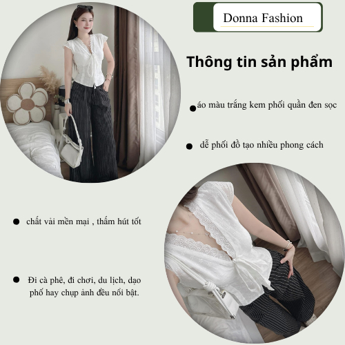 Set đồ nữ, đồ bộ nữ DONNA HCOM26385 áo tay hến cổ V viền bèo mix quần suông kẻ sọc trẻ trung