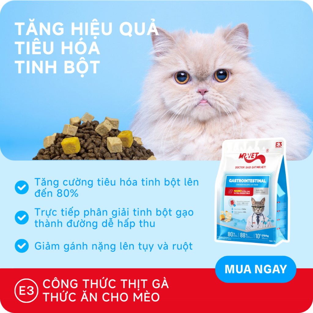 Hạt Cho Mèo MRVET E3 Gói 50G Công Thức Protein Siêu Mịn, Chăm Sóc Hệ Tiêu Hóa Chuyên Sâu