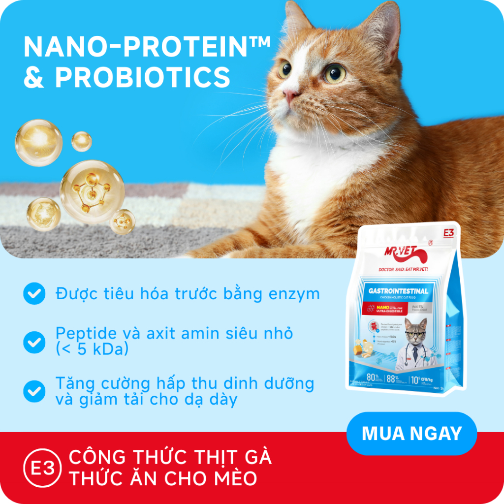 Hạt Cho Mèo MRVET E3 Gói 50G Công Thức Protein Siêu Mịn, Chăm Sóc Hệ Tiêu Hóa Chuyên Sâu