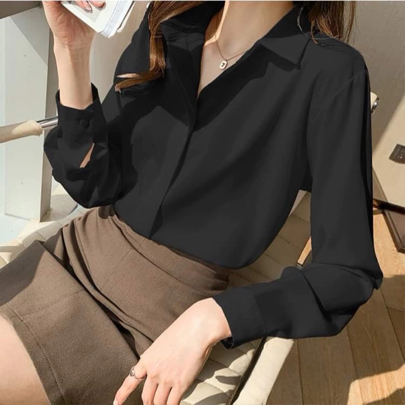 [Peinn] Áo sơ mi nữ tay dài dáng rộng giấu nút công sở