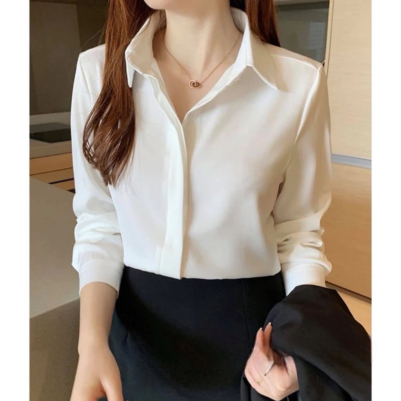 [Peinn] Áo sơ mi nữ tay dài dáng rộng giấu nút công sở