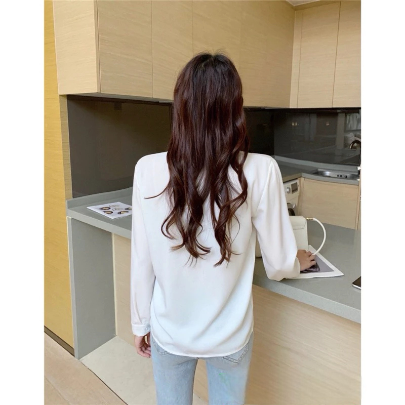 [Peinn] Áo sơ mi nữ tay dài dáng rộng giấu nút công sở