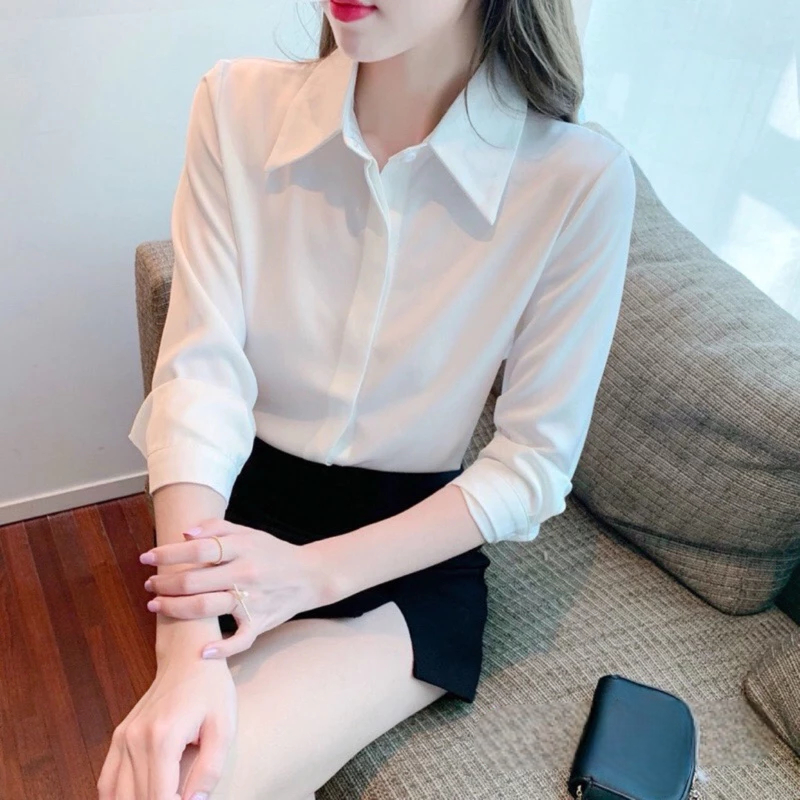 [Peinn] Áo sơ mi nữ tay dài dáng rộng giấu nút công sở
