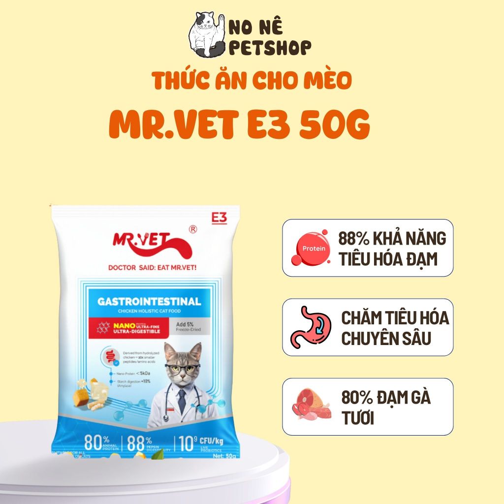 Hạt Cho Mèo MRVET E3 Gói 50G Công Thức Protein Siêu Mịn, Chăm Sóc Hệ Tiêu Hóa Chuyên Sâu