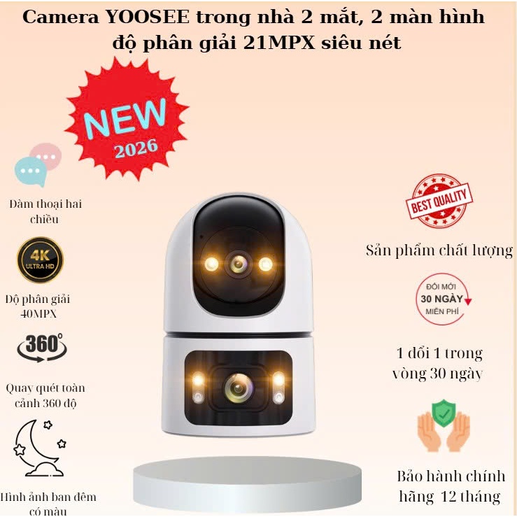 (Độ phân giải 21MP) Camera WIFI 2026 YOOSEE trong nhà 2 mắt 2 khung hình tích hợp Mic và loa hỗ trợ đàm thoại 2 chiều