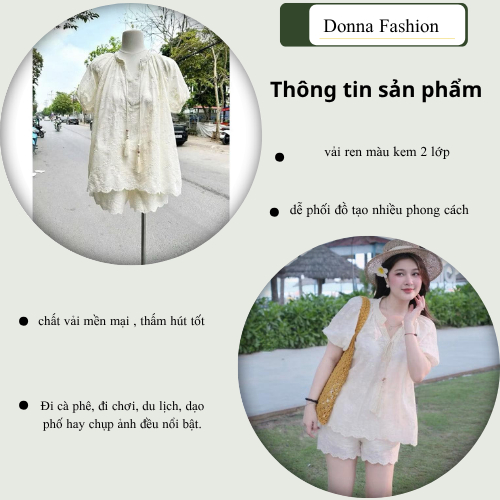 Set Đồ Nữ Trắng Kem Áo Ren Phối Quần Short – Đồ Bộ Nữ Đi Biển Du Lịch Nhẹ Nhàng Tiểu Thư DONNA HCOM26256
