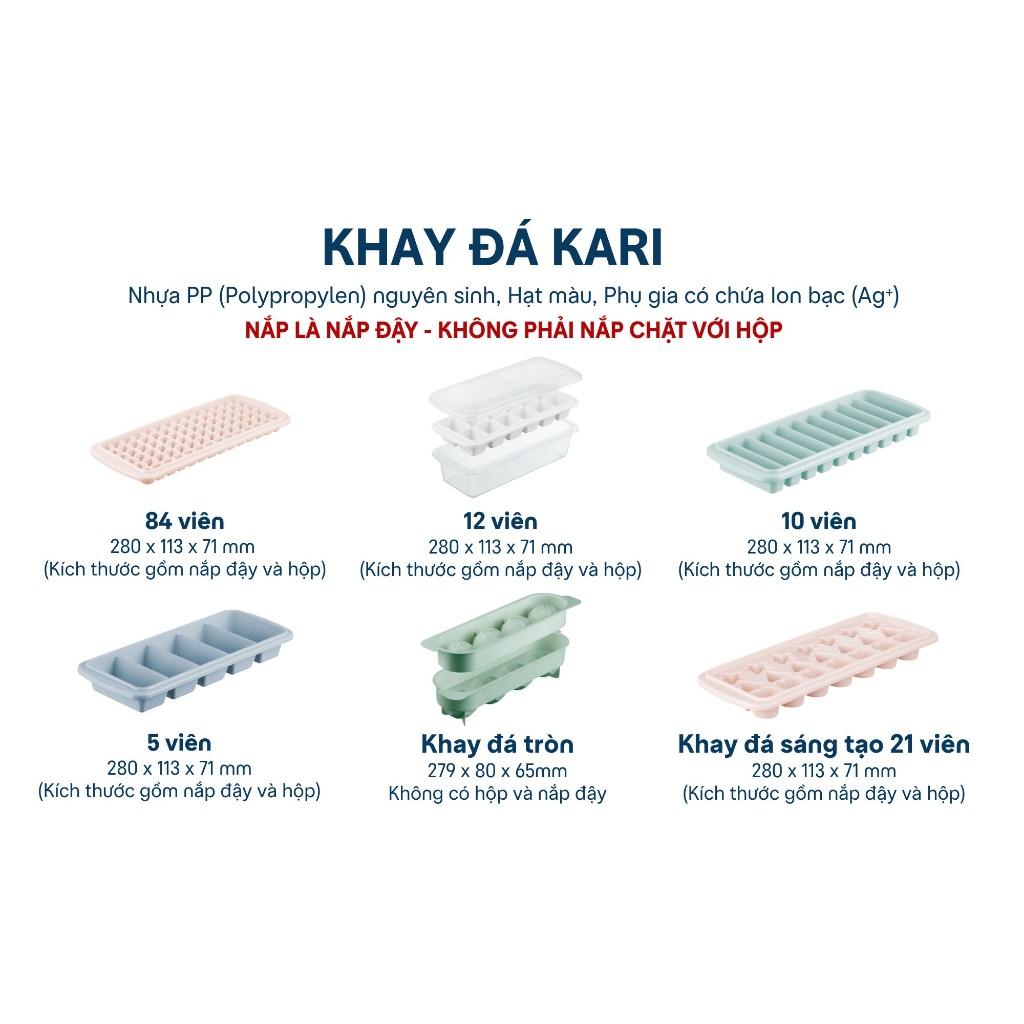 Khay Đá Inochi - Nắp + Hộp Đựng, Kháng Khuẩn, Nhựa PP An Toàn - Thiết Kế Nhật Bản