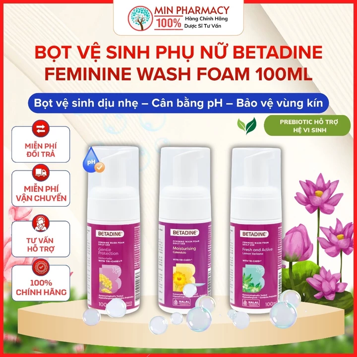 Dung Dịch Vệ Sinh Phụ Nữ Betadine Xịt Bọt 100ml - Cân Bằng pH, Khử Mùi Dịu Nhẹ - Minpharmacy